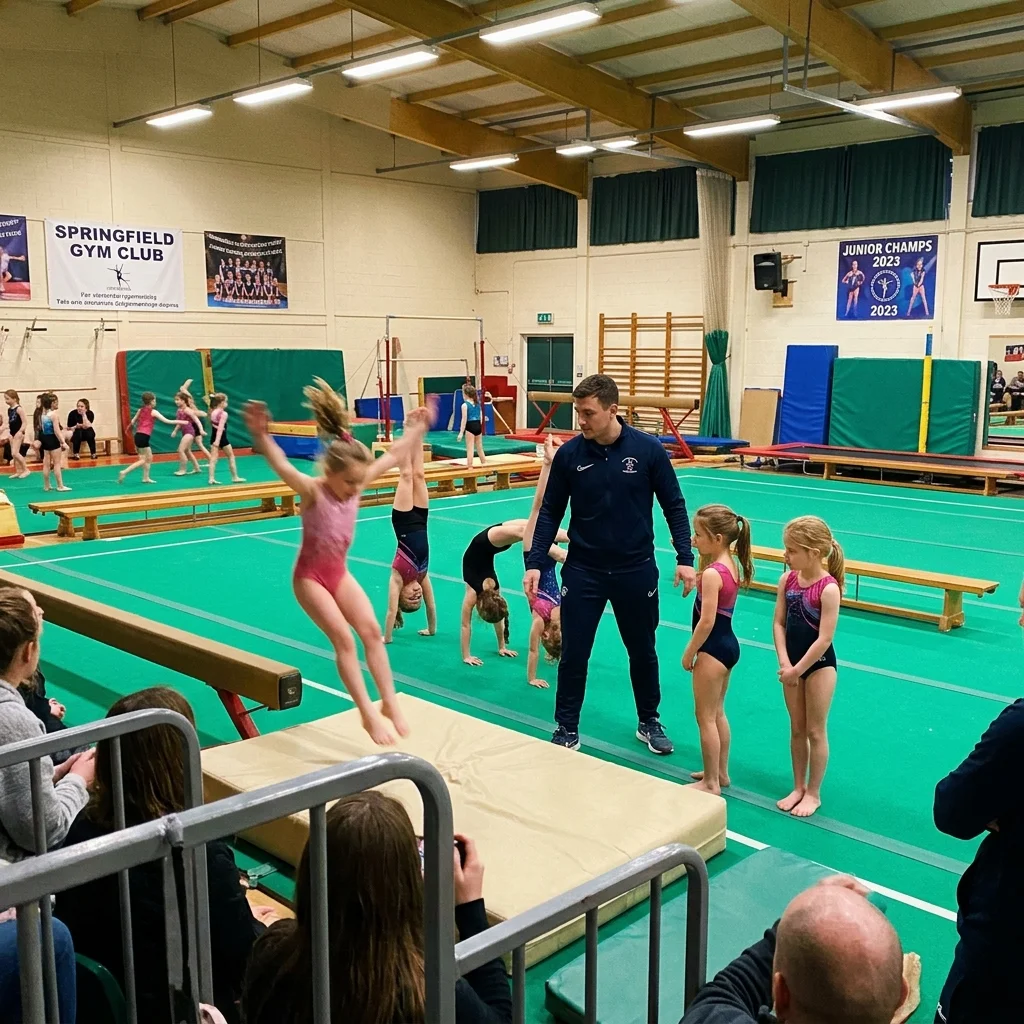 Children practicing gymnastics with coach supervising